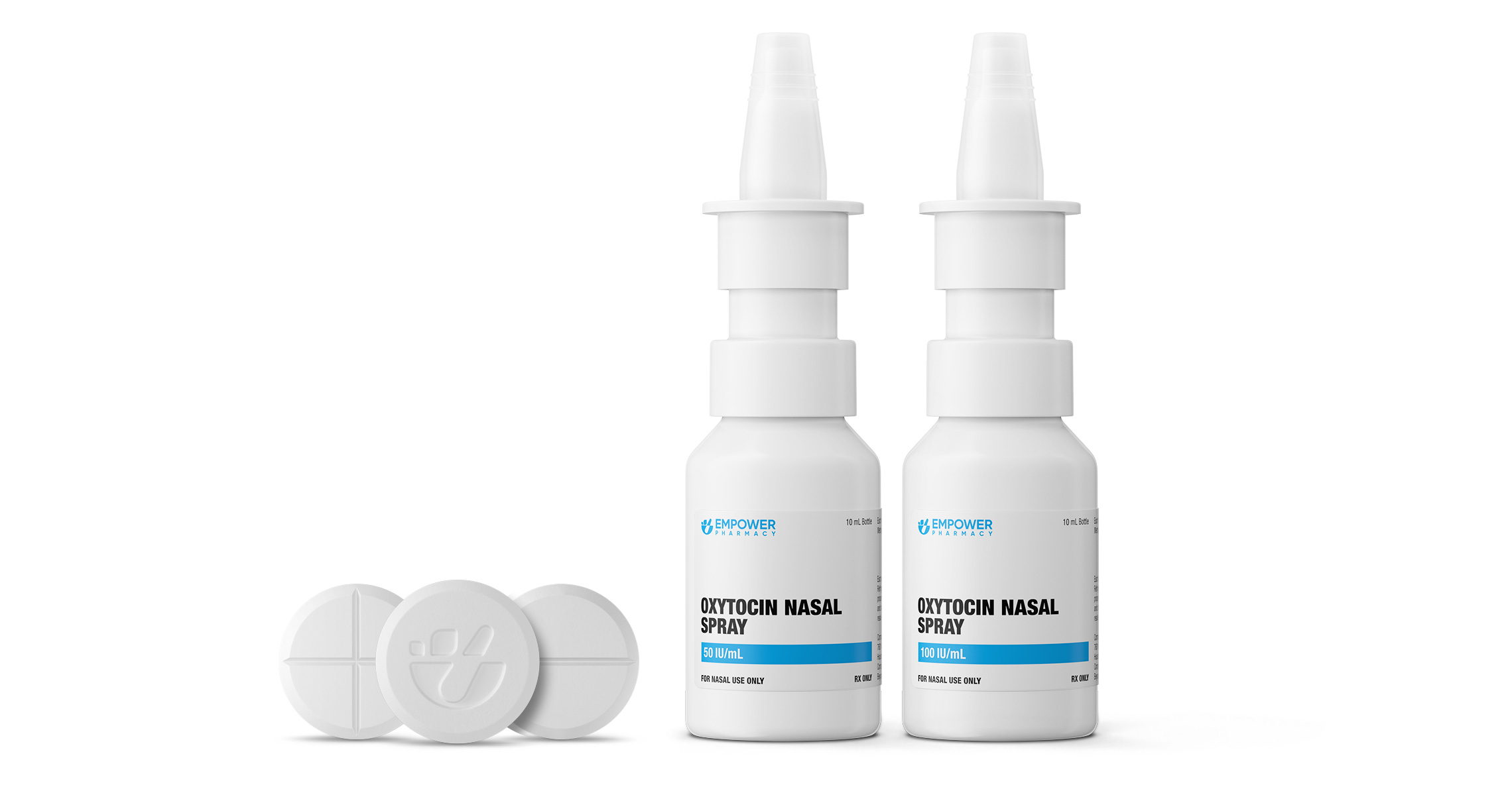 Two bottles of Oxytocin Nasal Spray lined up next to 3 large pills.
