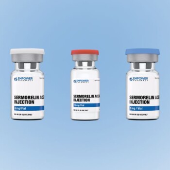 3 vials of Empower Pharmacy's Semorelin Acetate Injection in a horizontal row.
