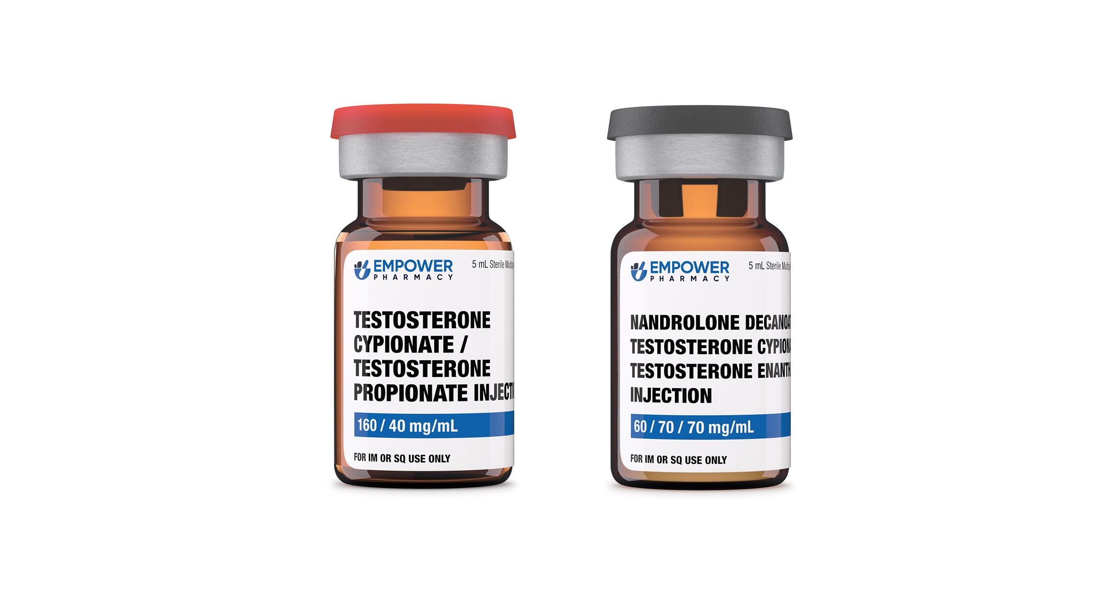 An amber vial of testosterone cypionate and testosterone propionate solution and an amber vial of nandrolone decanoate
