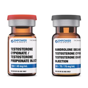 An amber vial of testosterone cypionate and testosterone propionate solution and an amber vial of nandrolone decanoate