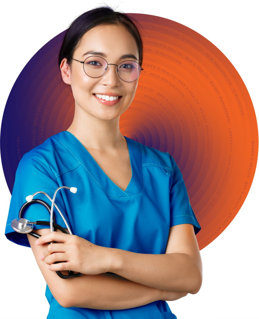 A head shot of a woman in blue scrubs smiling and holding a stethoscope