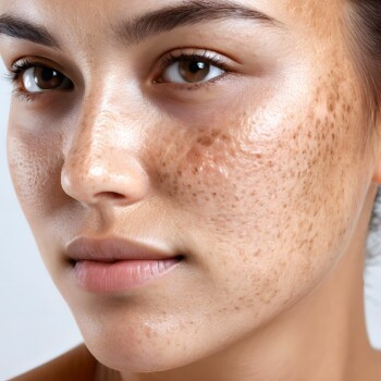 Close-up attractive young woman face with pigmentation skin, melasma (hyperpigmentation often caused by hormonal changes) or freckles ( flat skin spots usually caused by genetics and exposure to the sun)
