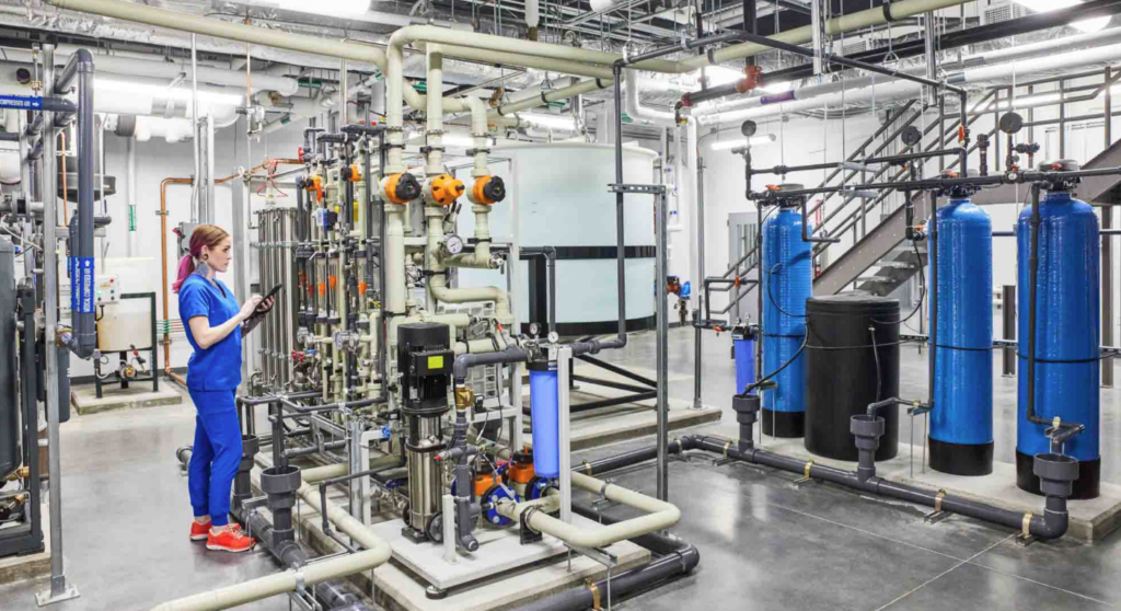 A woman in blue scrubs looking at a machine while on a tablet