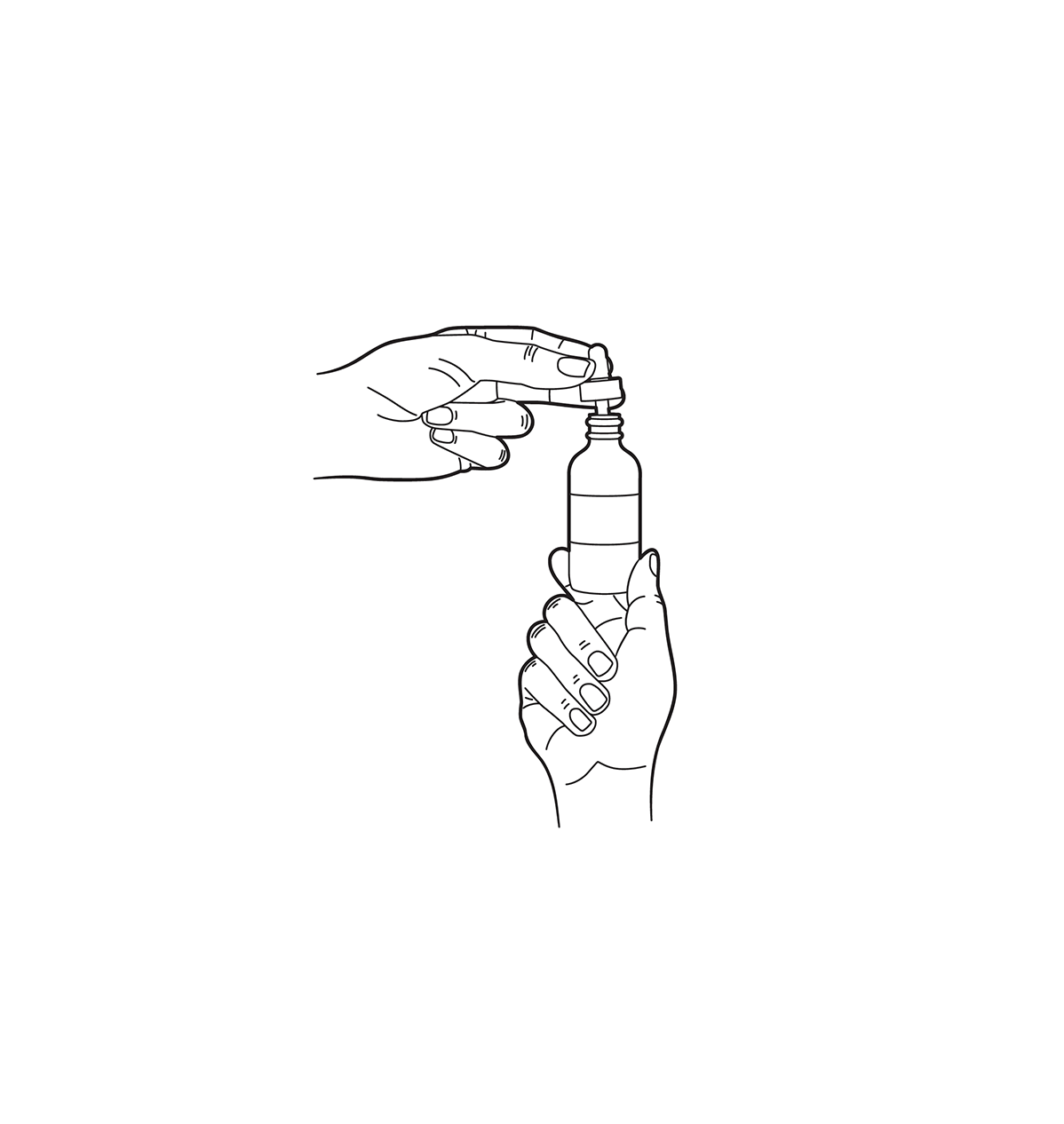 A drawn hand holding a vial with a dropper