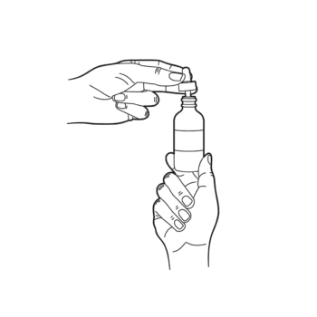 A drawn hand holding a vial with a dropper