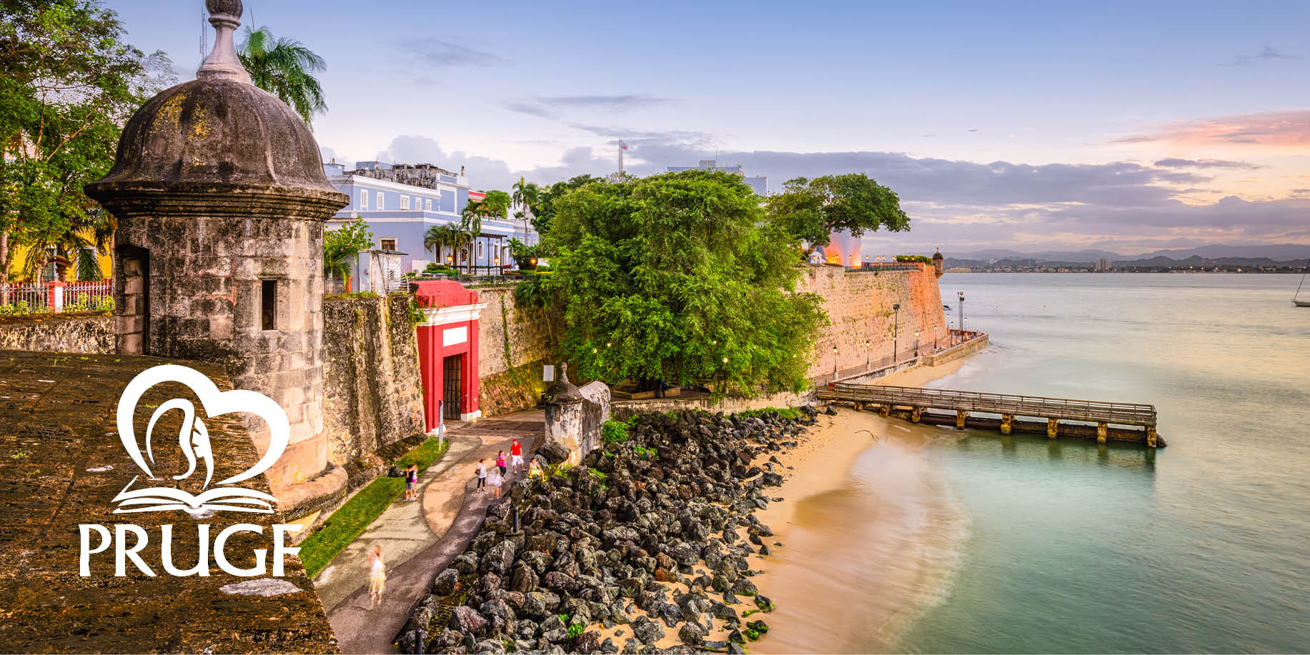 A brick wall surrounding a town near the water with a pier