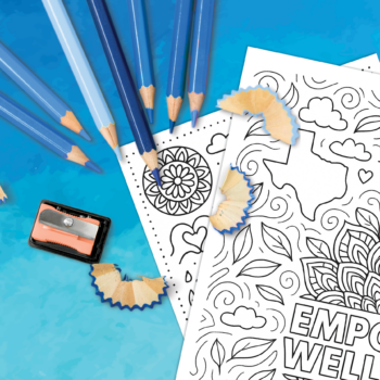 Empower Wellness Coloring Page with blue colored pencils