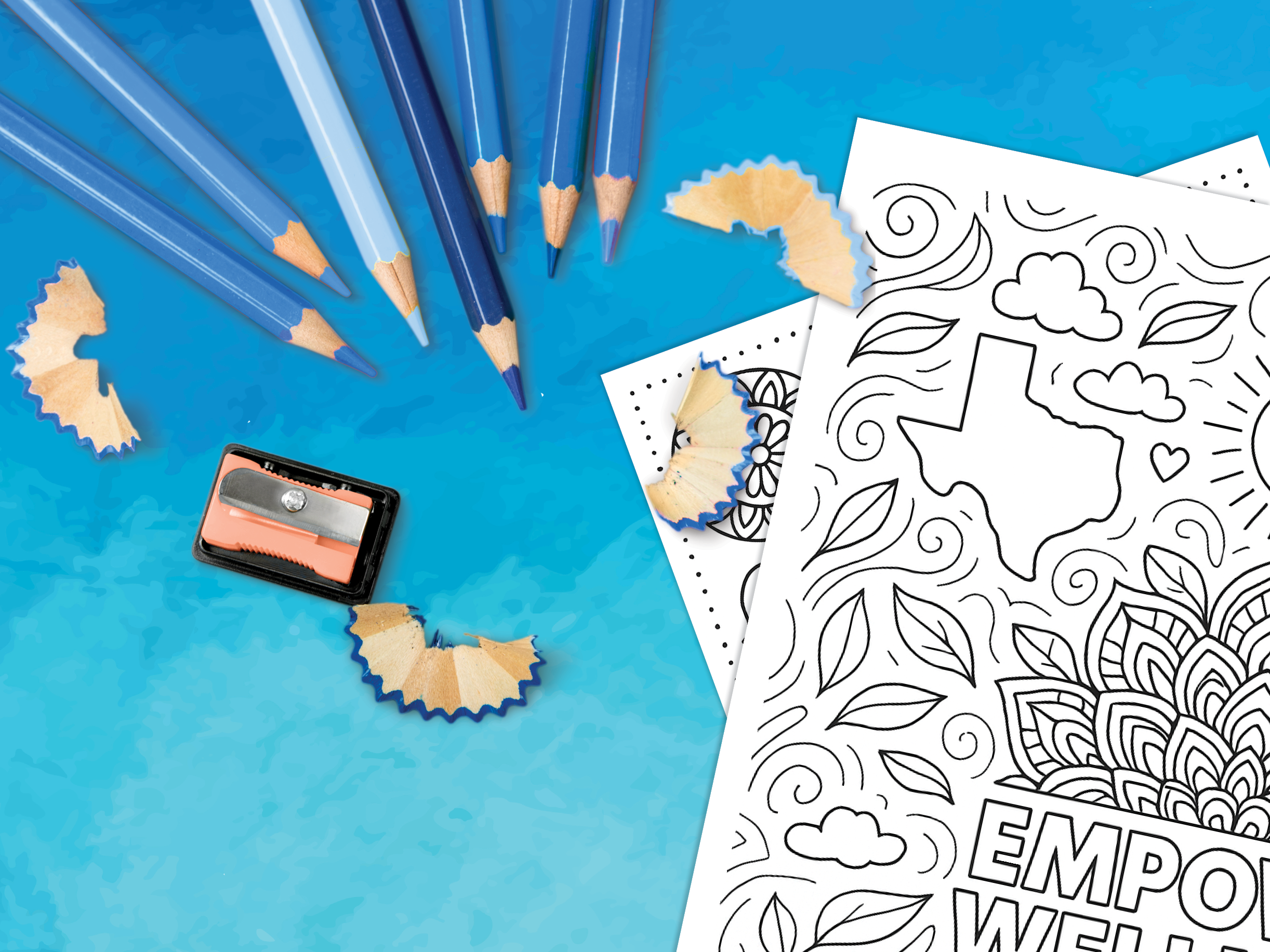 Empower Wellness Coloring Page with blue colored pencils
