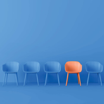 set of 5 chairs, 4 are blue, 1 is orange to stand out